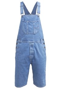 Salopette en denim bleu avec bretelles ajustables, poche avant et fermetures latérales à boutons. Longueur short avec une coupe décontractée et une texture lisse.