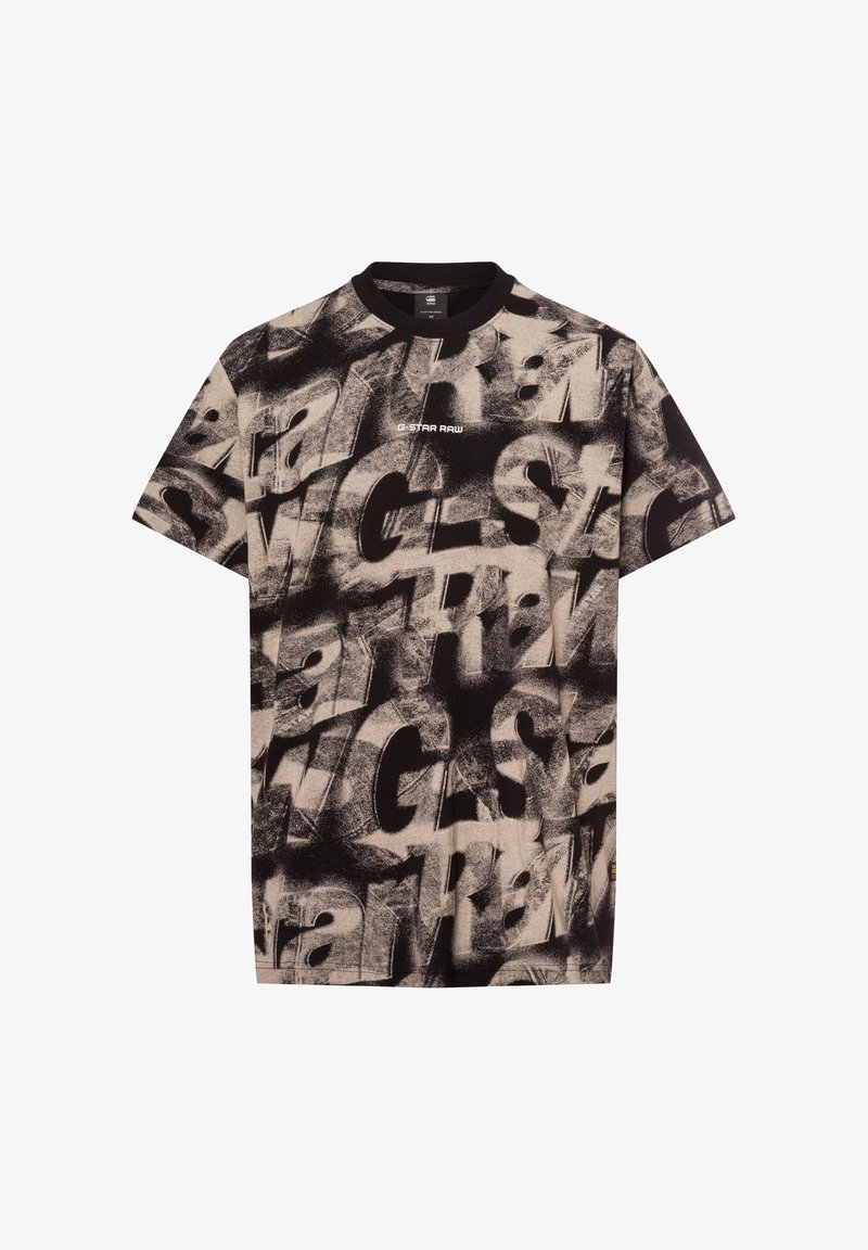 Black and beige printed t-shirt featuring a graphic design with large text patterns, a crew neckline, and short sleeves.