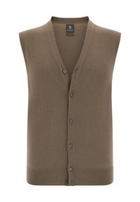 Hnedá bezrukávová cardigan s gombíkmi, výstrihom do V a ribbed lemom, vyrobená z jemnej pleteniny, označená "Boggi Milano."