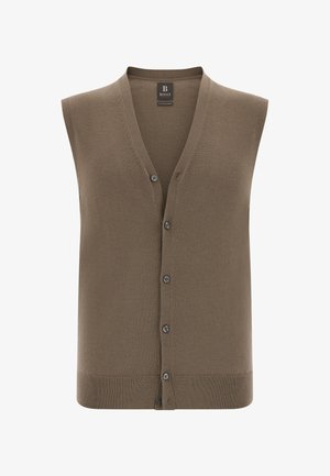 Brūns bez piedkšiem pogu kardigāns ar V-veida kaklu un ribotu apakšmalu, izgatavots no smalkas adījuma auduma, ar uzrakstu "Boggi Milano".