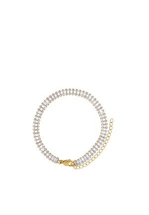 Gold bracelet with clear rectangular gemstones and a lobster clasp with an adjustable chain extension on a white background.