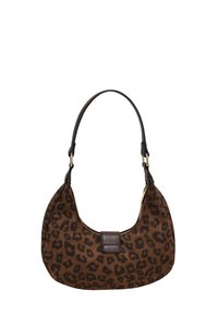 Bolso de hombro con estampado de leopardo, exterior de tela suave, detalles en marrón, cierre con cremallera en la parte superior y asa curva.