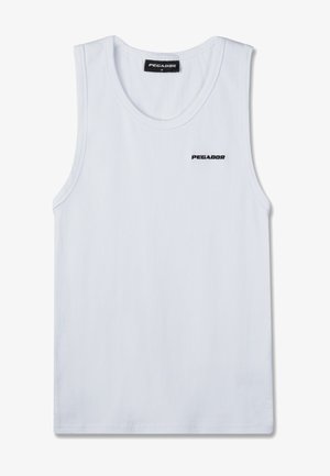 Bela rebrasta majica brez rokavov z črnim logotipom "PEGADOR" na prsih in oznako velikosti na notranji strani ovratnika.