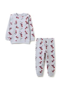 Haut à manches longues gris pour enfants et pantalons ornés de personnages Spider-Man rouges avec le texte "Spidey" imprimé partout.