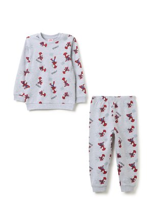 Graues Kinderoberteil mit langen Ärmeln und Hose, bedruckt mit roten Spider-Man-Charakteren und dem Text "Spidey" überall.