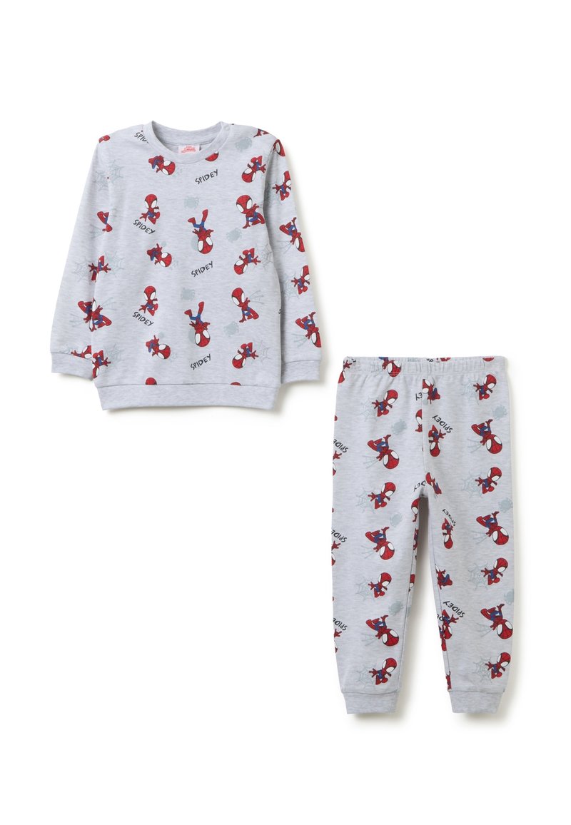 Haut à manches longues gris pour enfants et pantalons ornés de personnages Spider-Man rouges avec le texte "Spidey" imprimé partout.