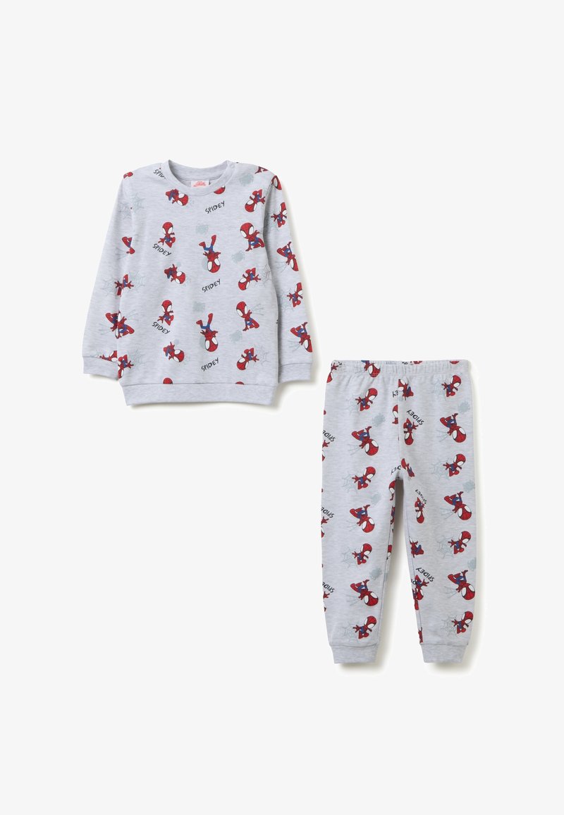 Grey children’s long-sleeve top and pants with red Spider-Man characters and "Spidey" text printed all over.