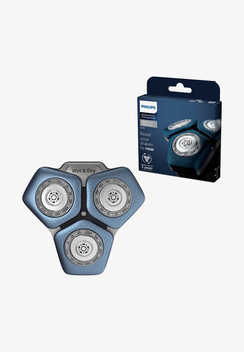 Testine di ricambio Philips per rasoi, di forma triangolare, con tre elementi di rasatura metallici. Presentano una combinazione di colori blu e argento con dettagli testurizzati.