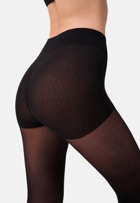 Collant neri trasparenti con un motivo testurizzato; design a vita alta; finitura liscia; gamba semitrasparente; materiale elasticizzato per il comfort.