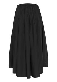 Svart, knälång A-linjeformad kjol gjord av lättviktsmaterial med elastisk midja och rynkade veck för extra volym.