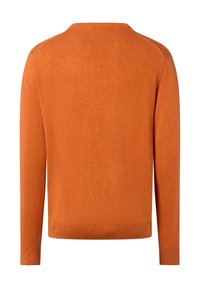 Oranger Strickpullover mit langen Ärmeln und rundem Halsausschnitt. Glatte Textur und schlichtes Design, in einer einfarbigen Ausführung ohne Muster oder Akzente.