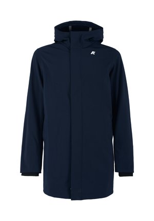 Marine waterdichte jas met capuchon, voornamelijke rits en elastische manchetten. Heeft een klein logo op de bovenste linker borst. Glad textuur.