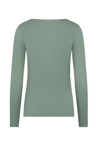 Langsleeve top, gemaakt van zacht, rekbaar materiaal, in een gedempt groene kleur. Heeft een eenvoudige, ronde halslijn en een aangesloten silhouet.