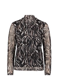 Długi rękaw przezroczystej bluzki z abstrakcyjnym wzorem fal w czerni, brązie i kremowym kolorze. Wysoka linia szyi i dopasowany krój. Gładka faktura.