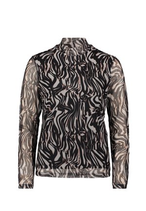 Długi rękaw przezroczystej bluzki z abstrakcyjnym wzorem fal w czerni, brązie i kremowym kolorze. Wysoka linia szyi i dopasowany krój. Gładka faktura.