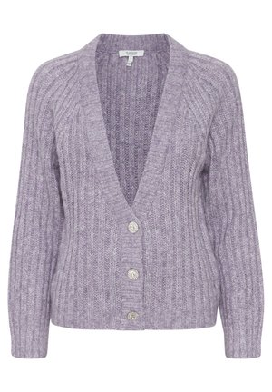 Lila geripptes Cardigan mit tiefem V-Ausschnitt und drei dekorativen Knöpfen. Weicher Strickstoff mit langen Ärmeln und lockerer Passform.