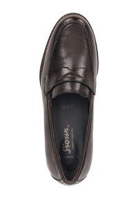 Brown leather slip-on shoe with a rounded toe, subtle stitching details, and a smooth texture. Features inner branding and a cushioned sole.