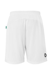White athletic shorts with an elastic waistband, featuring mesh accents at the top and a black logo on the lower right side.