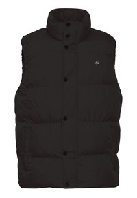 Schwarze Steppweste mit hohem Kragen, verschluss durch Knöpfe vorne und seitlichen Taschen. Hergestellt aus gestepptem Stoff mit glatter Textur.