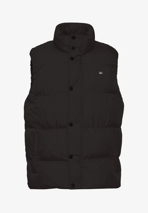 Sort puffer vest med høj krave, frontknaplukning og sidelommer. Lavet af quiltet stof med en glat tekstur.