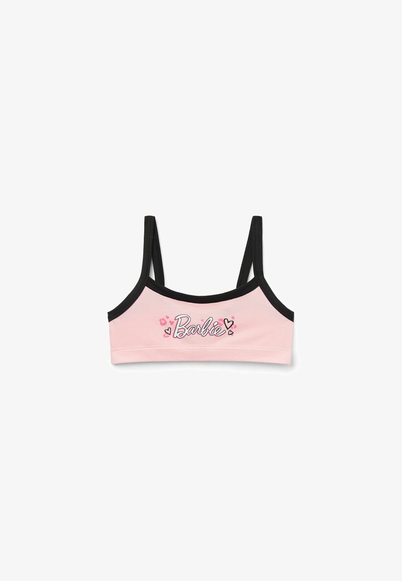 Růžový látkový bralet s černým lemem, se zřetelným nápisem "Barbie" a srdíčkovými vzory. Nastavitelné ramínka pro pohodlné nošení a přizpůsobení.