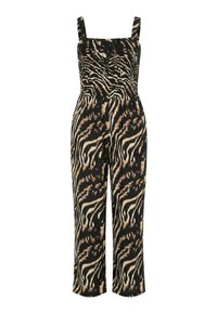 Combinaison sans manches avec corsage smocké et jambes larges, avec un motif abstrait de rayures zébrées en noir et beige.