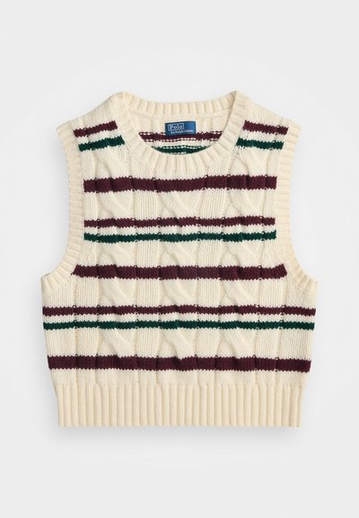 Ελεφαντόδοντο μανίκι γιλέκο πλεχτό με ριχτό τελείωμα και χωρίς μανίκια. Διαθέτει πράσινες και μπορντό οριζόντιες ρίγες και σχέδιο με διαμάντια.