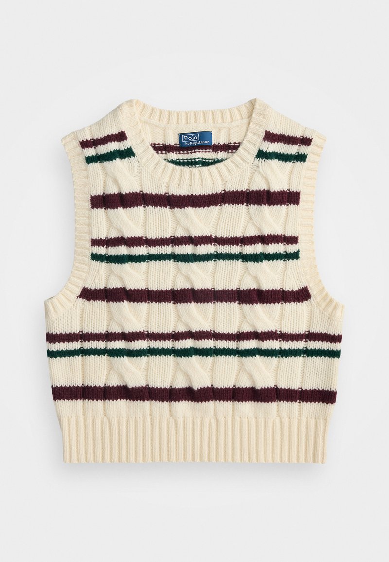 Ivoor gebreide sweater vest met geribbelde zoom en mouwloos ontwerp. Heeft groene en bordeauxrode horizontale strepen en een diamanttextuurpatroon.