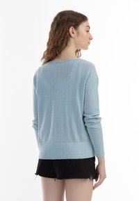 Pulover tricotat de culoare albastru deschis, cu un model texturat în formă de V, mâneci lungi și un tiv cu caneluri. Asortat cu pantaloni scurți negri.