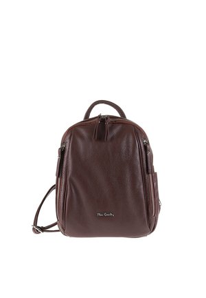 Sac à dos en cuir marron avec finition texturée, double fermeture éclair supérieure, poche avant et poignée supérieure. Bretelles réglables.