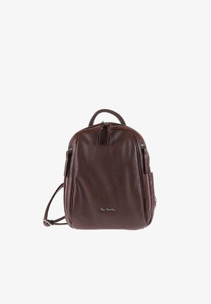 Sac à dos en cuir marron avec finition texturée, double fermeture éclair supérieure, poche avant et poignée supérieure. Bretelles réglables.