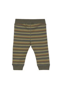 Randiga leggings i olivgrön, med horisontella ränder i orange och marinblått. Mjuk tyg med elastisk midja och anklar.