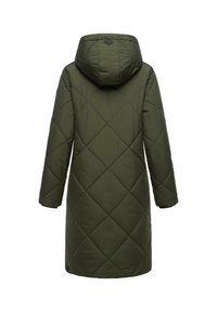 Zaļa, quilted garā jaka ar kapuci, ar dimanta rakstu un garām piedurknēm. Vienkāršs dizains bez redzamu aparatūras vai akcentu.