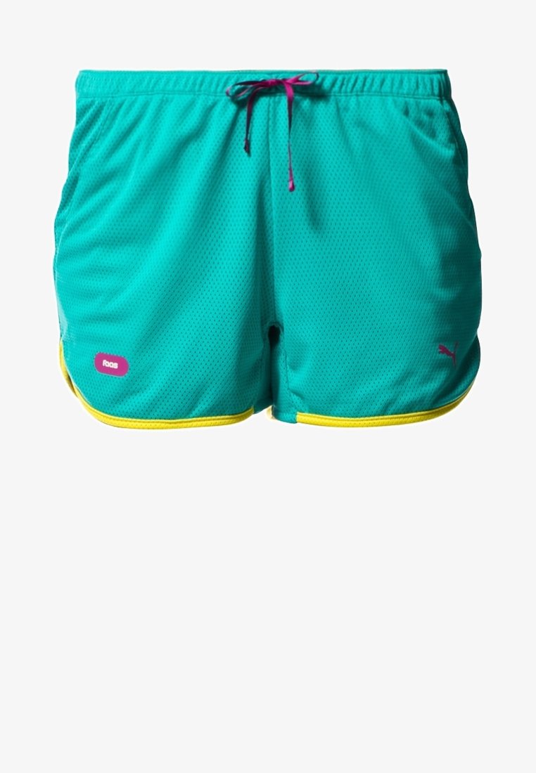 Shorts de sport bleu sarcelle avec bordure jaune, cordon rose, poches latérales et petit logo Puma sur la jambe inférieure droite.