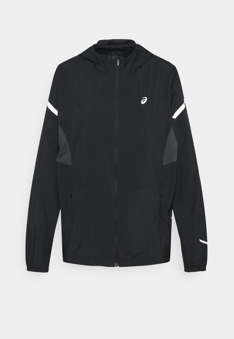 Veste à capuche légère noire avec fermeture éclair intégrale sur le devant, panneaux latéraux en mesh, bandes réfléchissantes blanches sur les manches et petit logo sur la poitrine.