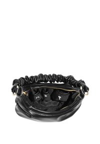 Borsa in pelle nera con parte superiore arricciata, zip dorata e scomparti interni per l'organizzazione. Texture liscia e forma strutturata.