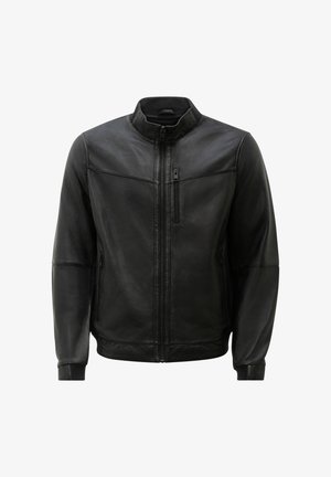 Black leather jacket with a stand-up collar, front zipper, and two side pockets. Features stitch detailing across the chest. Smooth texture.