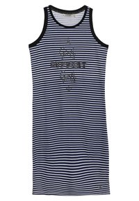 Granatowa i biała sukienka na ramiączkach w paski z okrągłym dekoltem, z grafiką w kolorze srebrnym z przodu. Wykonana z miękkiego, oddychającego materiału.