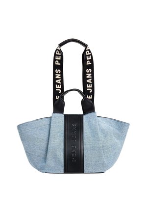 Denim-Tasche mit schwarzen Lederelementen und zwei schwarzen Trageriemen. Verfügt über das geprägte "PEPE JEANS"-Logo auf einem zentralen schwarzen Panel.