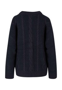 Pull bleu marine foncé avec motifs en tricot torsadé, un col rond, et des poignets et ourlet côtelés. Le matériau semble doux avec une finition texturée.