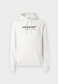 Hvid hættetrøje med frontlomme og "McLaren Formel 1 Team" logo i sort og orange på brystet.