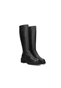 Zwarte kniehoge laarzen van getextureerd leer, met een stevige blokhak en een gladde afwerking, die zorgen voor een robuust en modern ontwerp.