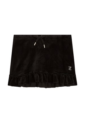 Black velvet skirt with a ruffled hem, drawstring waist, and metallic hardware accents. Features a small embroidered detail on the front.