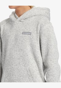 Grijze, gemêleerde hoodie met een voorzak, capuchon met trekkoord en een klein merklabel op de borst. Zacht, textuurstof.