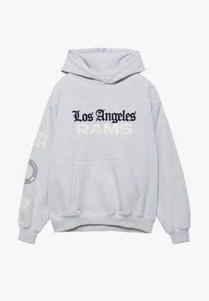 Lichtgrijze hooded sweatshirt met de tekst "Los Angeles RAMS" op de voorkant en NFL-logo's op de linkermouw gedrukt.