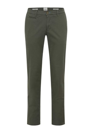 Gerade geschnittene olivgrüne Hose mit Knopf- und Reißverschluss, zwei Vordertaschen und Gürtelschlaufen.