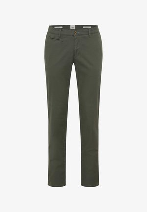 Gerade geschnittene olivgrüne Hose mit Knopf- und Reißverschluss, zwei Vordertaschen und Gürtelschlaufen.