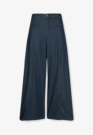 Donkerblauwe denim broek met wijde pijpen, voorkantzakken, riemlussen, knoopsluiting en zichtbare verticale stikseldetails.