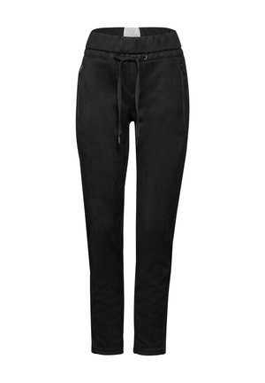 Zwarte sweatpants van zacht materiaal, met een elastische tailleband met trekkoord en ritszakken aan de zijkant. Tapered leg ontwerp.