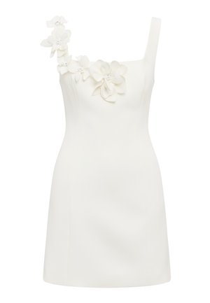 Biele mini šaty bez rukávov s priliehavým strihom a 3D kvetinovými aplikáciami pozdĺž jedného ramienka a výstrihu.